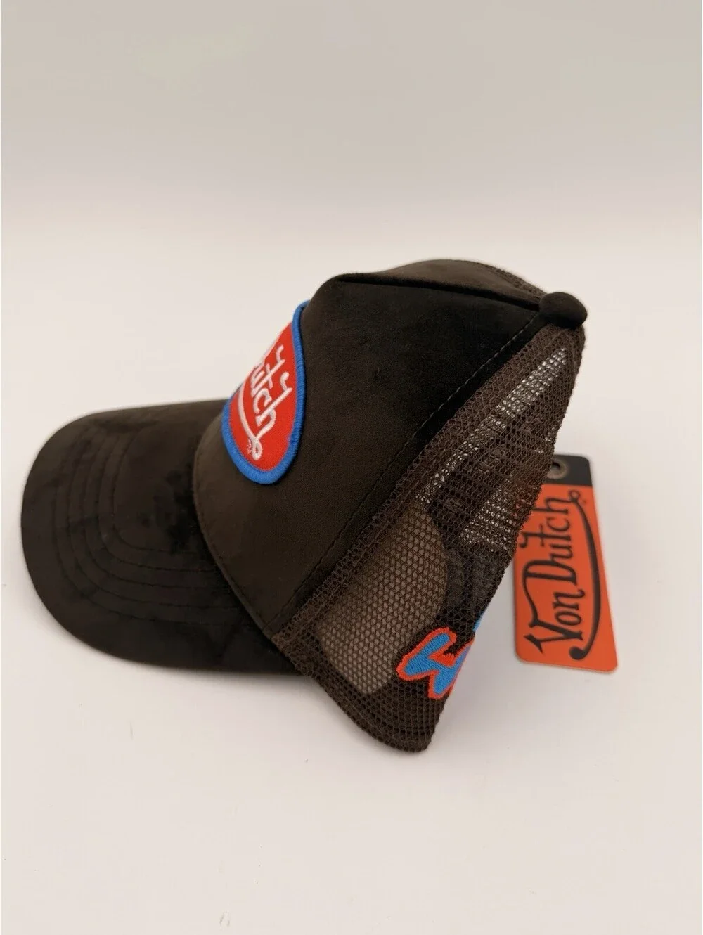 Von Dutch Hollywood Brown Velvet Trucker Hat with Red Blue Logo NWT